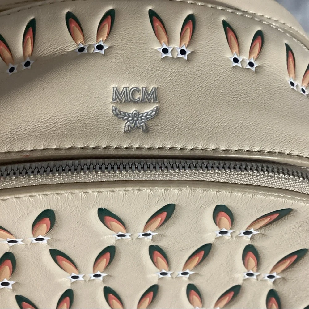 MCM Star Eyed Bunny Rabbit Lambskin Mini Backpack Studded Straps Pink Suede Int